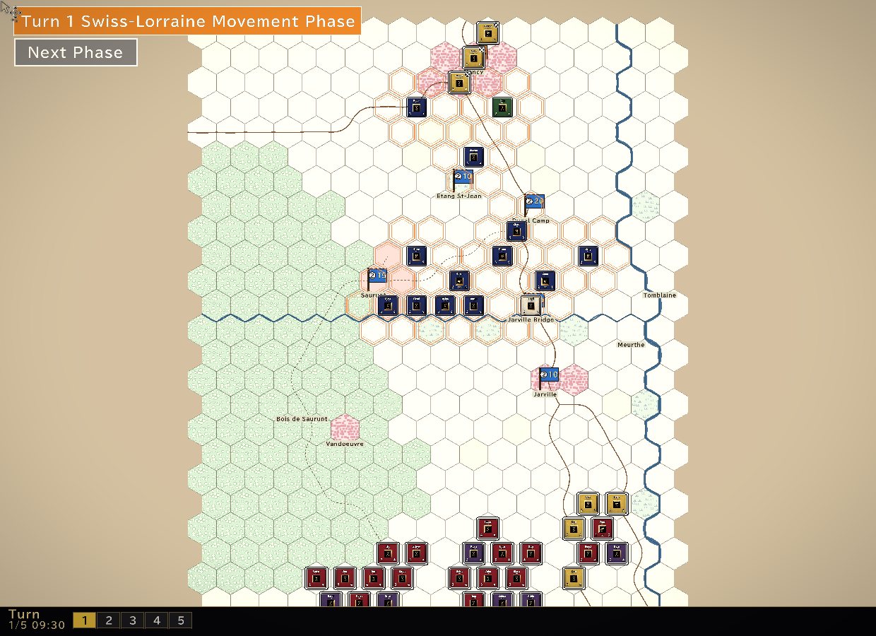 In-game screenshot, turn 1 (English interface)