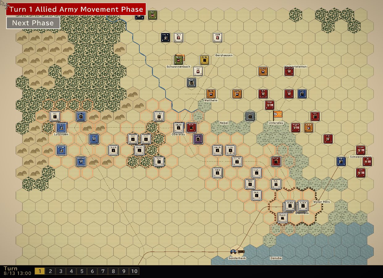 In-game screenshot, turn 1 (English interface)