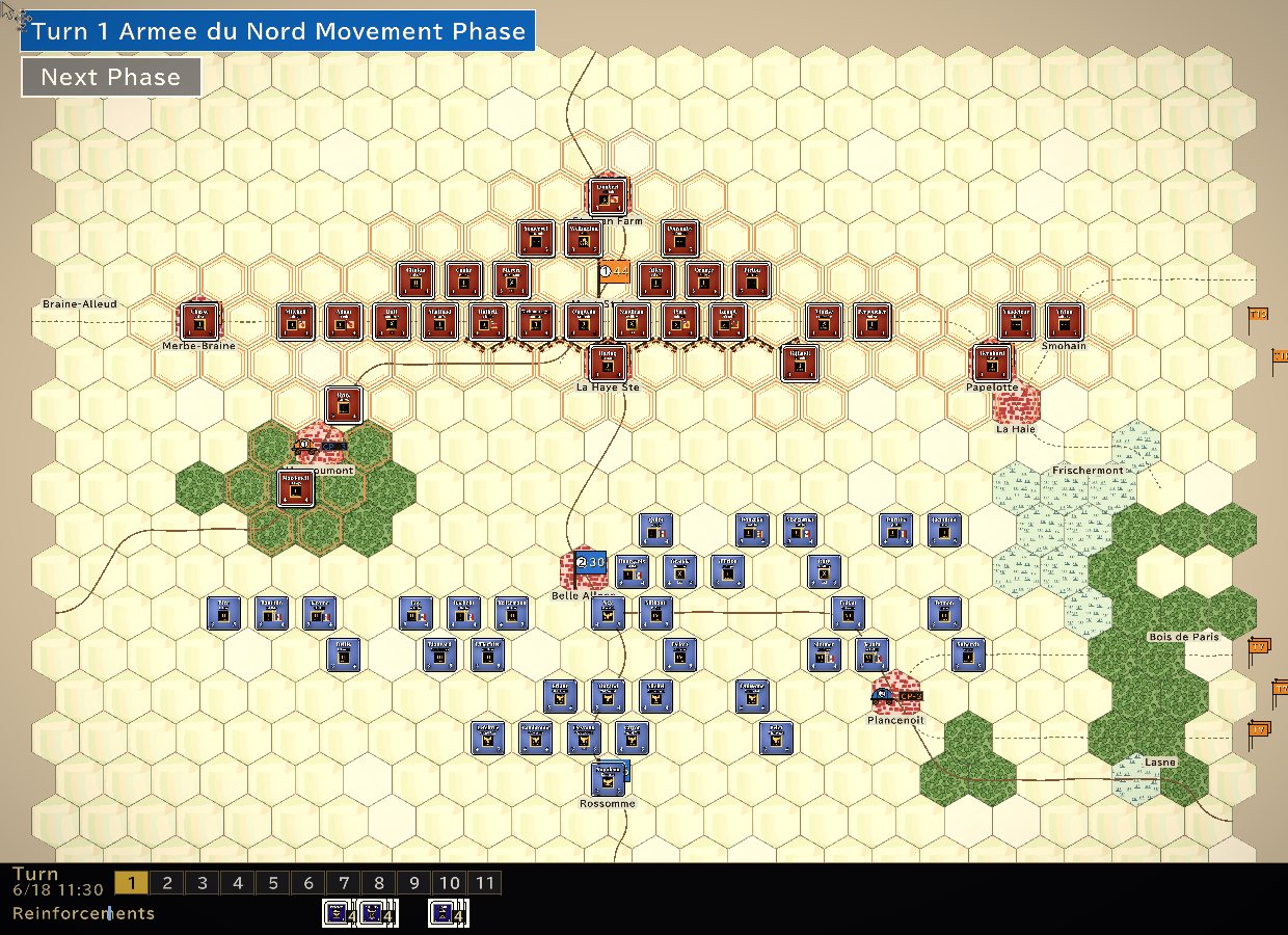In-game screenshot, turn 1 (English interface)